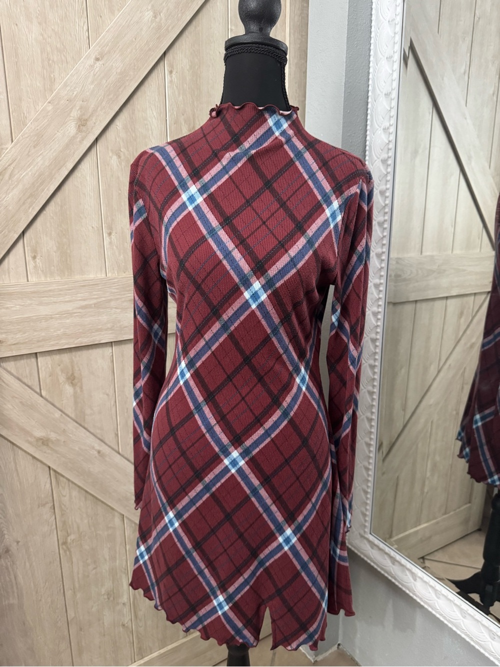 SO Burgundy Plaid Mock Neck Long Sleeve Dress